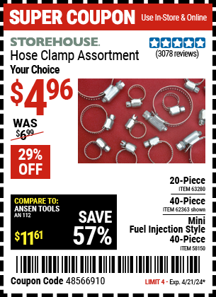 Buy the STOREHOUSE Large Hose Clamp Assortment 20 Pc. (Item 63280) for $4.96, valid through 4/21/2024.
