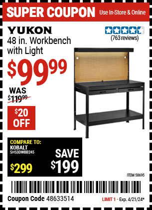 Buy the YUKON 48 in. Workbench with Light (Item 58695) for $99.99, valid through 4/21/2024.
