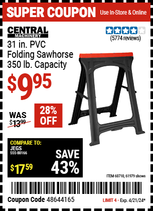 Buy the CENTRAL MACHINERY 31 in. PVC Folding Sawhorse, 350 lb. Capacity (Item 61979/60710) for $9.95, valid through 4/21/2024.