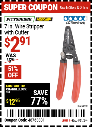 Buy the PITTSBURGH 7 in. Wire Stripper with Cutter (Item 98410) for $2.91, valid through 4/21/2024.
