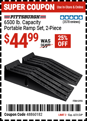 Buy the PITTSBURGH AUTOMOTIVE 6500 lb. Capacity Portable Ramp Set, 2-Piece (Item 63956) for $44.99, valid through 4/21/2024.