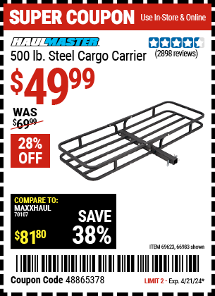 Buy the HAUL-MASTER 500 lb. Steel Cargo Carrier (Item 66983/69623) for $49.99, valid through 4/21/2024.