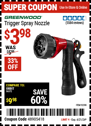 Buy the GREENWOOD Trigger Spray Nozzle (Item 92398) for $3.98, valid through 4/21/2024.