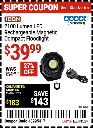 Buy the ICON 2100 Lumen LED Compact Magnetic Rechargeable Floodlight, Black (Item 59170) for $39.99, valid through 4/21/2024.