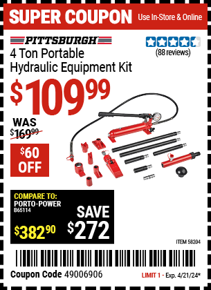 Buy the PITTSBURGH 4 Ton Portable Hydraulic Equipment Kit (Item 58204) for $109.99, valid through 4/21/2024.