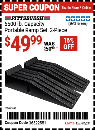 Buy the PITTSBURGH AUTOMOTIVE 13000 lb. Portable Vehicle Ramp Set (Item 63956) for $49.99, valid through 6/6/24.