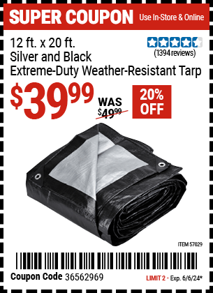 Buy the HFT 12 Ft. X 20 Ft. Silver and Black Extreme-Duty Weather-Resistant Tarp (Item 57029) for $39.99, valid through 6/6/24.