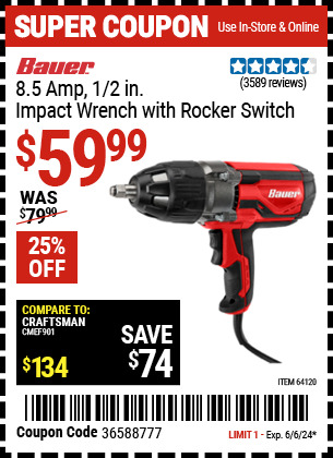 Buy the BAUER 1/2 in. Heavy Duty Extreme Torque Impact Wrench (Item 64120) for $59.99, valid through 6/6/24.
