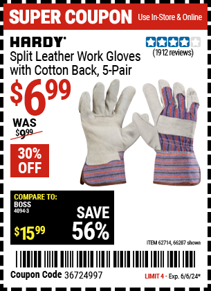 Buy the HARDY Split Leather Work Gloves with Cotton Back 5 Pr. (Item 66287) for $6.99, valid through 6/6/24.