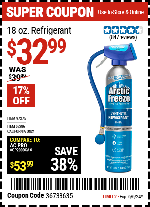 Buy the ARCTIC FREEZE 18 Oz. Refrigerant With Dispenser And Gauge — CARB Certified (Item 68286/97275) for $32.99, valid through 6/6/24.