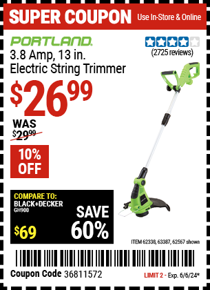 Buy the PORTLAND 13 in. Electric String Trimmer (Item 62567/62338/63387) for $26.99, valid through 6/6/24.