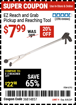 Buy the EZ Reach & Grab Pickup and Reaching Tool (Item 62752) for $7.99, valid through 6/6/24.