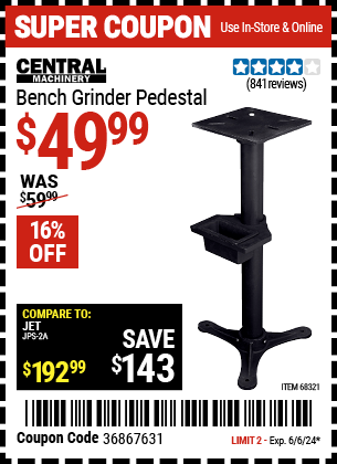 Buy the CENTRAL MACHINERY Heavy Duty Bench Grinder Pedestal (Item 68321) for $49.99, valid through 6/6/24.