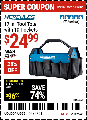 Buy the HERCULES 17 in. Tool Tote with 19 Pockets (Item 64659) for $24.99, valid through 6/6/24.