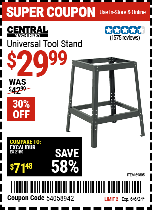 Buy the CENTRAL MACHINERY Universal Tool Stand (Item 69805) for $29.99, valid through 6/6/24.