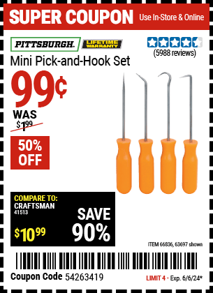 Buy the PITTSBURGH Mini Pick and Hook Set (Item 63697/66836) for $0.99, valid through 6/6/24.