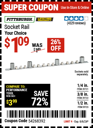Buy the PITTSBURGH 1/4 in. Socket Rail (Item 39721/39722/39723) for $1.09, valid through 6/6/24.