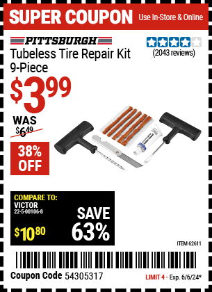Buy the PITTSBURGH AUTOMOTIVE Tubeless Tire Repair Kit 9 Pc. (Item 62611) for $3.99, valid through 6/6/24.