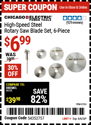 Buy the CHICAGO ELECTRIC High Speed Steel Rotary Saw Blade Set 6 Pc. (Item 67224) for $6.99, valid through 6/6/24.