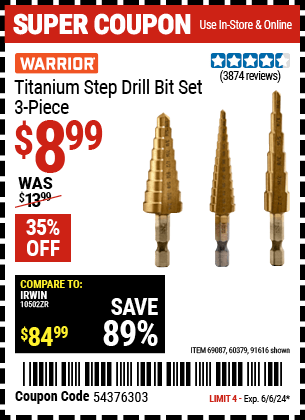 Buy the WARRIOR Titanium Step Drill Bit Set, 3 Pc. (Item 91616/69087/60379) for $8.99, valid through 6/6/24.