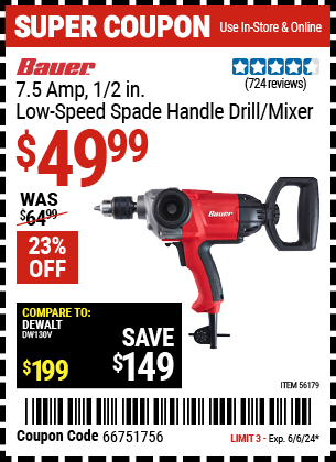 Buy the BAUER 1/2 in. Heavy Duty Low Speed Spade Handle Drill/Mixer (Item 56179) for $49.99, valid through 6/6/24.