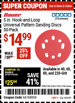Buy the BAUER 5 in. 80 Grit Hook and Loop Universal Pattern Sanding Discs, 50 Pk. (Item 57423/57462/57483/57494) for $14.99, valid through 6/6/24.