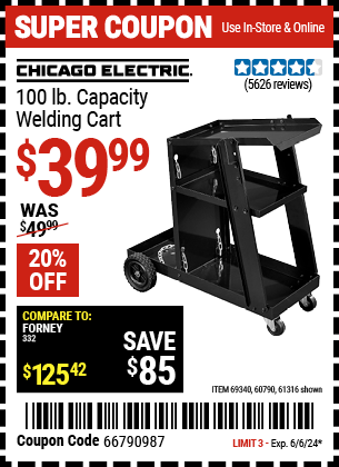 Buy the CHICAGO ELECTRIC Welding Cart (Item 61316/69340/60790) for $39.99, valid through 6/6/24.