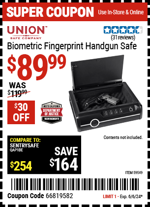 Buy the UNION SAFE COMPANY Biometric Fingerprint Handgun Safe (Item 59549) for $89.99, valid through 6/6/24.