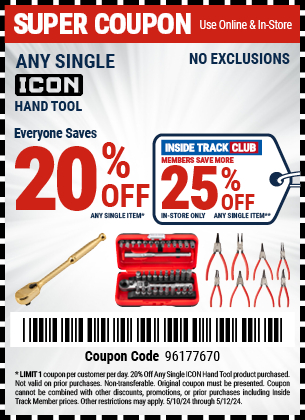 Save 20% Off Any Single ICON Hand Tool, valid through 5/12/2024.