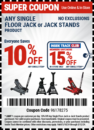 Save 10% Off Any Single Floor Jack or Jack Stands, valid through 5/12/2024.