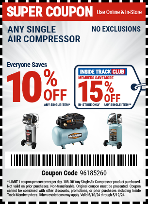 Save 10% Off Any Single Air Compressor, valid through 5/12/2024.