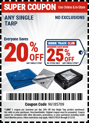 Save 20% Off Any Single Tarp Product, valid through 5/12/2024.