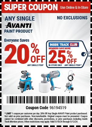 Save 20% Off Any Single AVANTI Paint Product, valid through 5/12/2024.