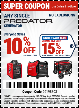 Save 10% Off Any Single PREDATOR Generator, valid through 5/12/2024.