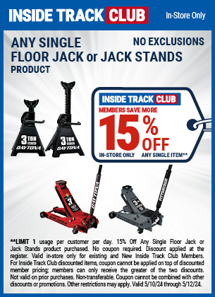 Inside Track Club members can Save 15% Off Any Single Floor Jack or Jack Stands, valid through 5/12/2024.
