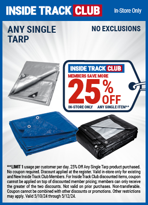 Inside Track Club members can Save 25% Off Any Single Tarp Product, valid through 5/12/2024.