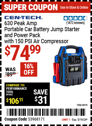 Buy the CEN-TECH 630 Peak Amp Portable Jump Starter and Power Pack with 150 PSI Air Compressor (Item 58978) for $74.99, valid through 5/19/2024.