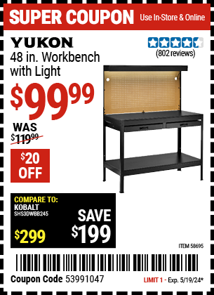 Buy the YUKON 48 in. Workbench with Light (Item 58695) for $99.99, valid through 5/19/2024.