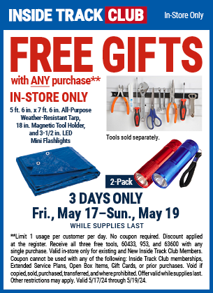 Inside Track Club members can FREE GIFTS with ANY Purchase!, valid through 5/19/2024.