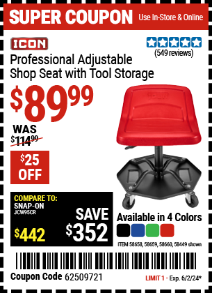 Buy the ICON Professional Adjustable Shop Seat with Tool Storage (Item 58449/58658/58659/58660) for $89.99, valid through 6/2/2024.