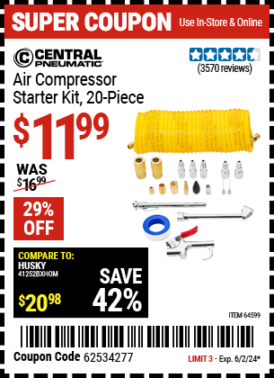 Buy the CENTRAL PNEUMATIC Air Compressor Starter Kit, 20 Pc. (Item 64599) for $11.99, valid through 6/2/2024.