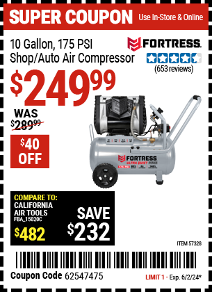 Buy the FORTRESS 10 Gallon 175 PSI Ultra Quiet Horizontal Shop/Auto Air Compressor (Item 57328) for $249.99, valid through 6/2/2024.
