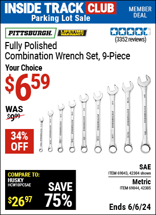 Inside Track Club members can Buy the PITTSBURGH Fully Polished Combination Wrench Set, 9-Piece (Item 42304/69043/42305 ) for $6.59, valid through 6/6/2024.