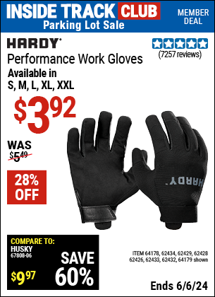 Inside Track Club members can Buy the HARDY Performance Work Gloves (Item 62432/62429/62433/62428/62434/62426/64178/64179) for $3.92, valid through 6/6/2024.