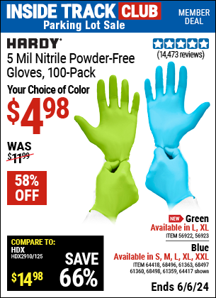 Inside Track Club members can Buy the HARDY 5 mil Nitrile Powder-Free Gloves, 100 Pack (Item 64417/56922/56923/68496/64418/68496/61363/68497/61360/68498/61359) for $4.98, valid through 6/6/2024.
