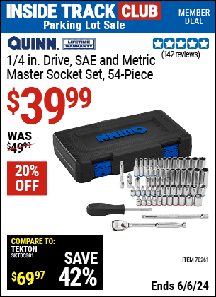 Inside Track Club members can Buy the Metric Master Socket Set, 54-Piece (Item 70261) for $39.99, valid through 6/6/2024.