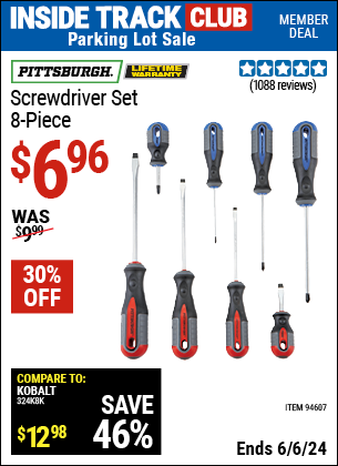 Inside Track Club members can Buy the PITTSBURGH Professional Screwdriver Set 8 Pc. (Item 94607) for $6.96, valid through 6/6/2024.