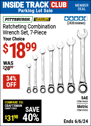 Inside Track Club members can Buy the PITTSBURGH Combination Ratcheting Wrench Set 7 Pc. (Item 95552/96654) for $18.99, valid through 6/6/2024.