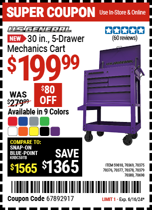 Coupons for U.S. GENERAL 30 in., 5-Drawer Mechanics Cart for $199.99