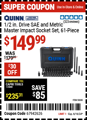 QUINN 1/2 in. Drive SAE and Metric Master Impact Socket Set, 61 Piece ...